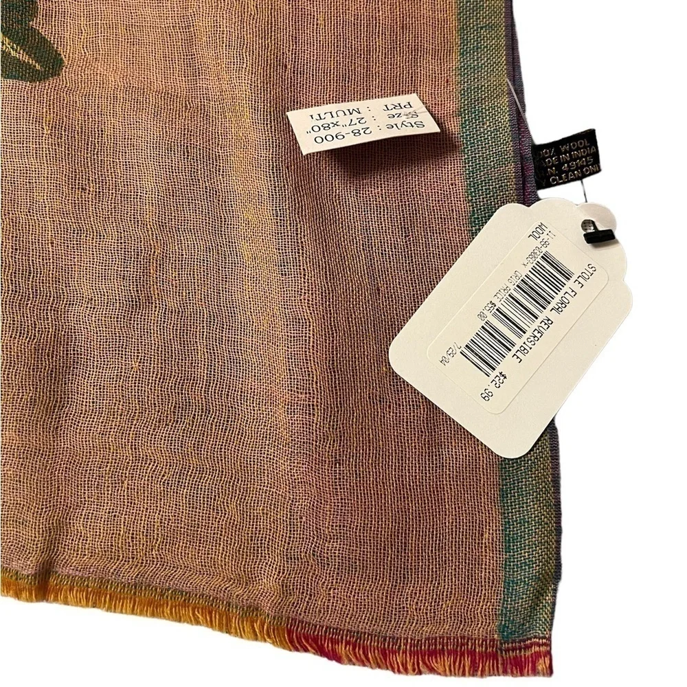NWT Vintage Floral /leaves wool stole in gold, green & purple, lighter weight
